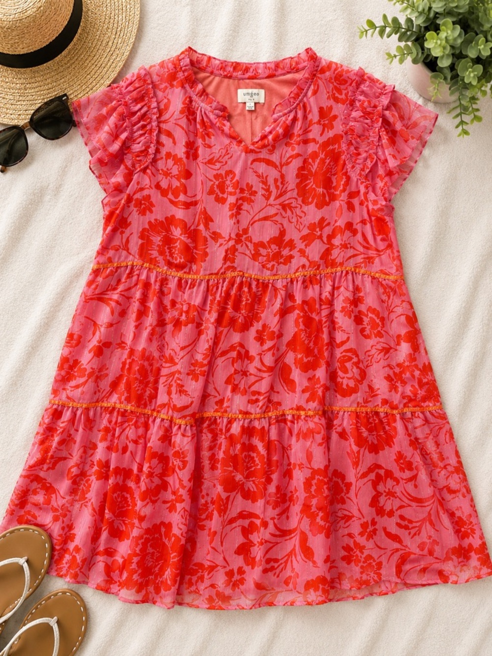 Umgee USA Pink Orange Floral Metallic Tiered Ruffle Sleeve Dress Large